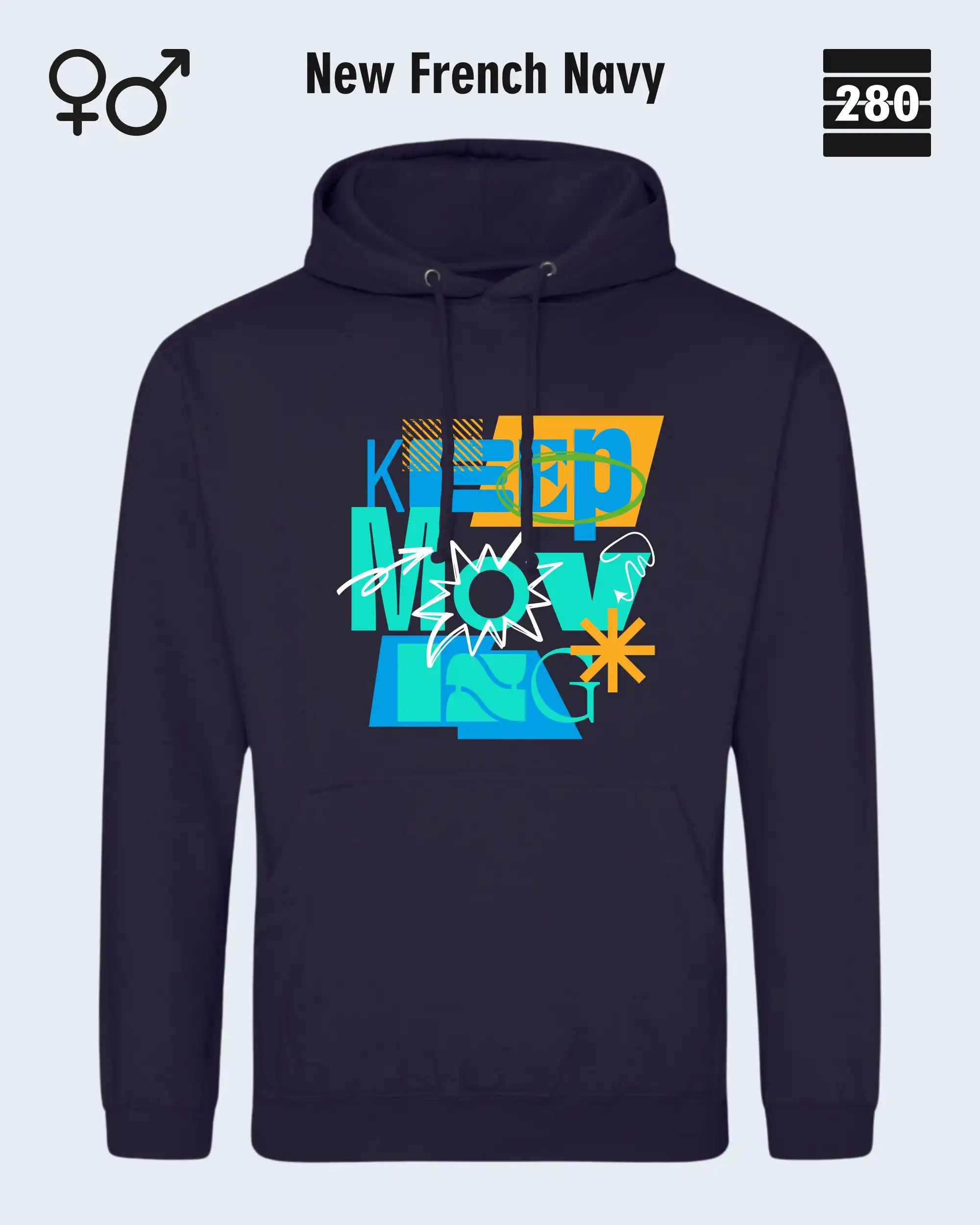 das bild zeigt den design hoodie jh001 von just hoods in der farbe new french navy und mit dem motiv keep moving.