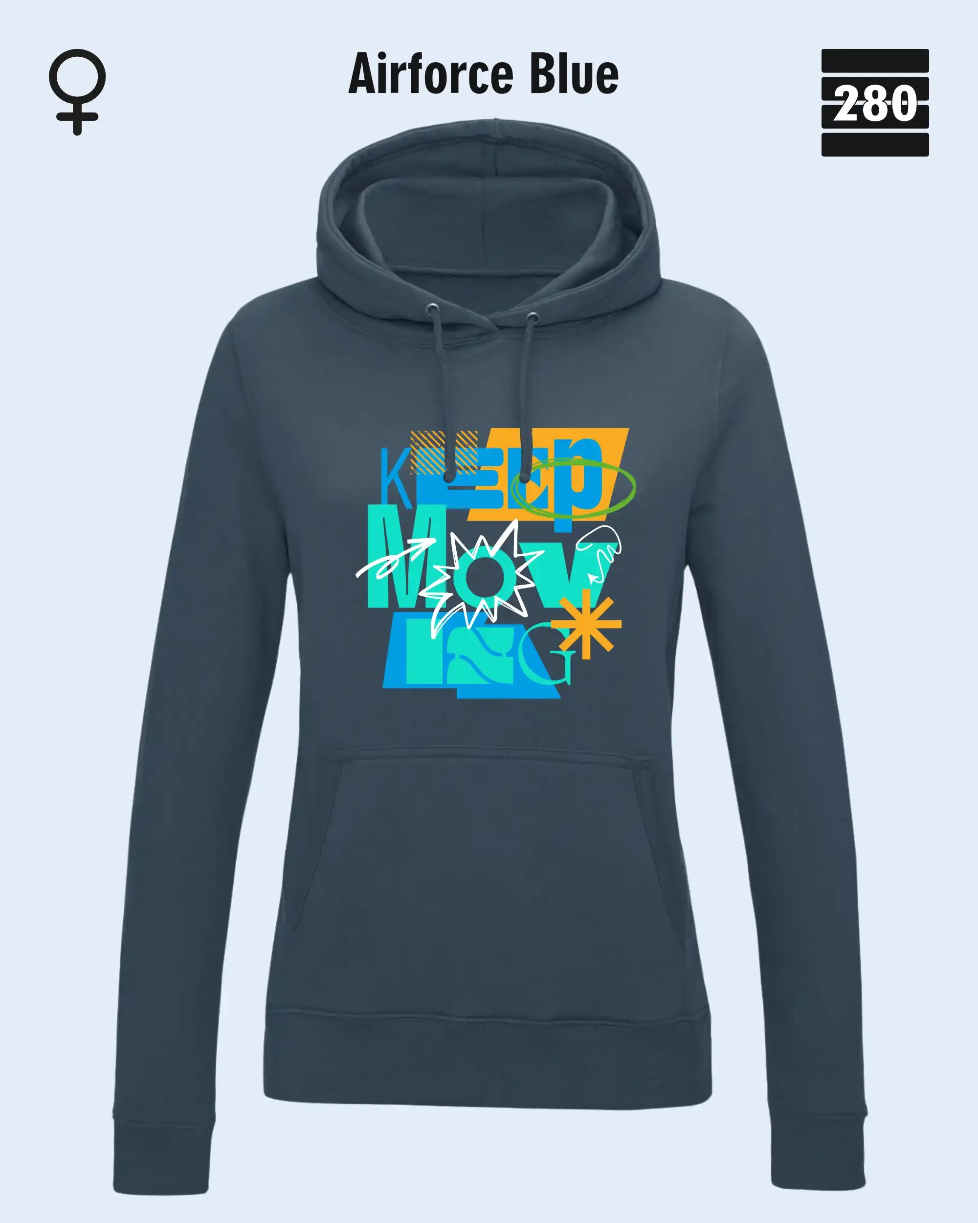 das bild zeigt deleicht taillierten damen design hoodie jh001F von just hoods in der farbe airforce blue und mit dem motiv keep moving.