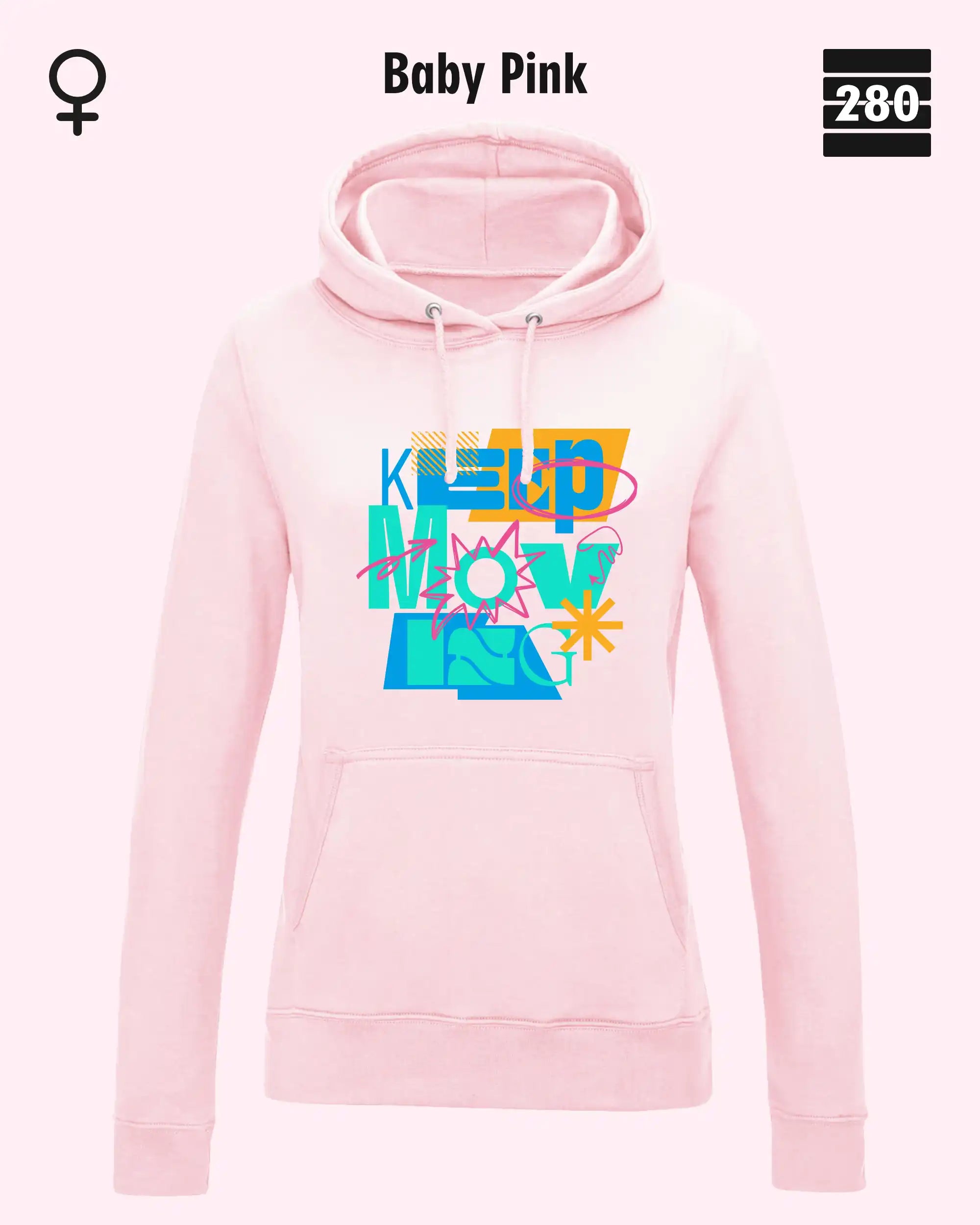 das bild zeigt deleicht taillierten damen design hoodie jh001F von just hoods in der farbe baby pink und mit dem motiv keep moving.