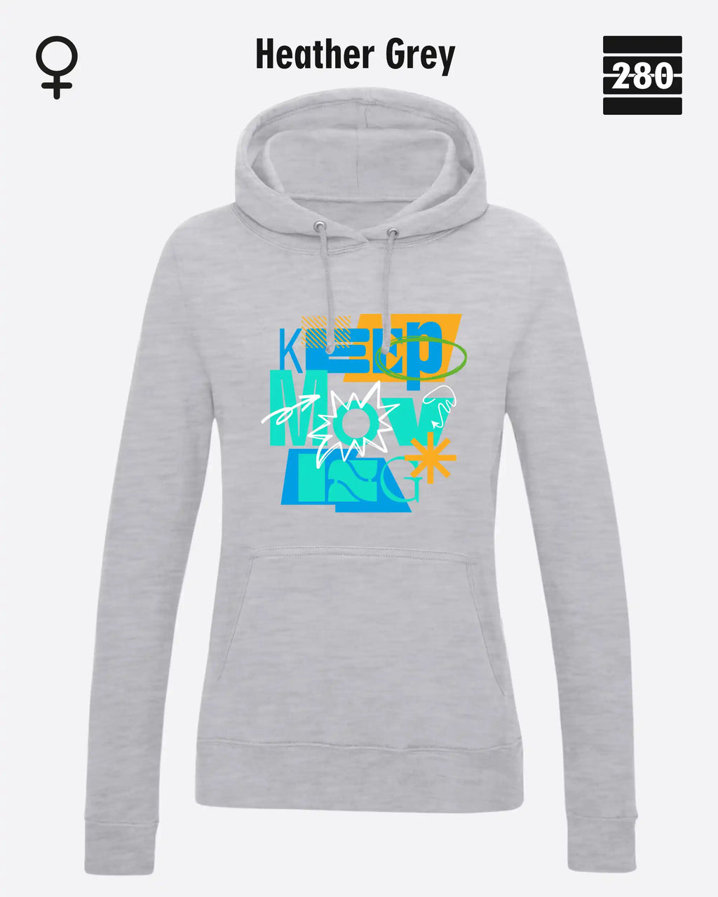 das bild zeigt deleicht taillierten damen design hoodie jh001F von just hoods in der farbe heather grey und mit dem motiv keep moving.