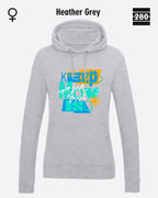 das bild zeigt deleicht taillierten damen design hoodie jh001F von just hoods in der farbe heather grey und mit dem motiv keep moving.