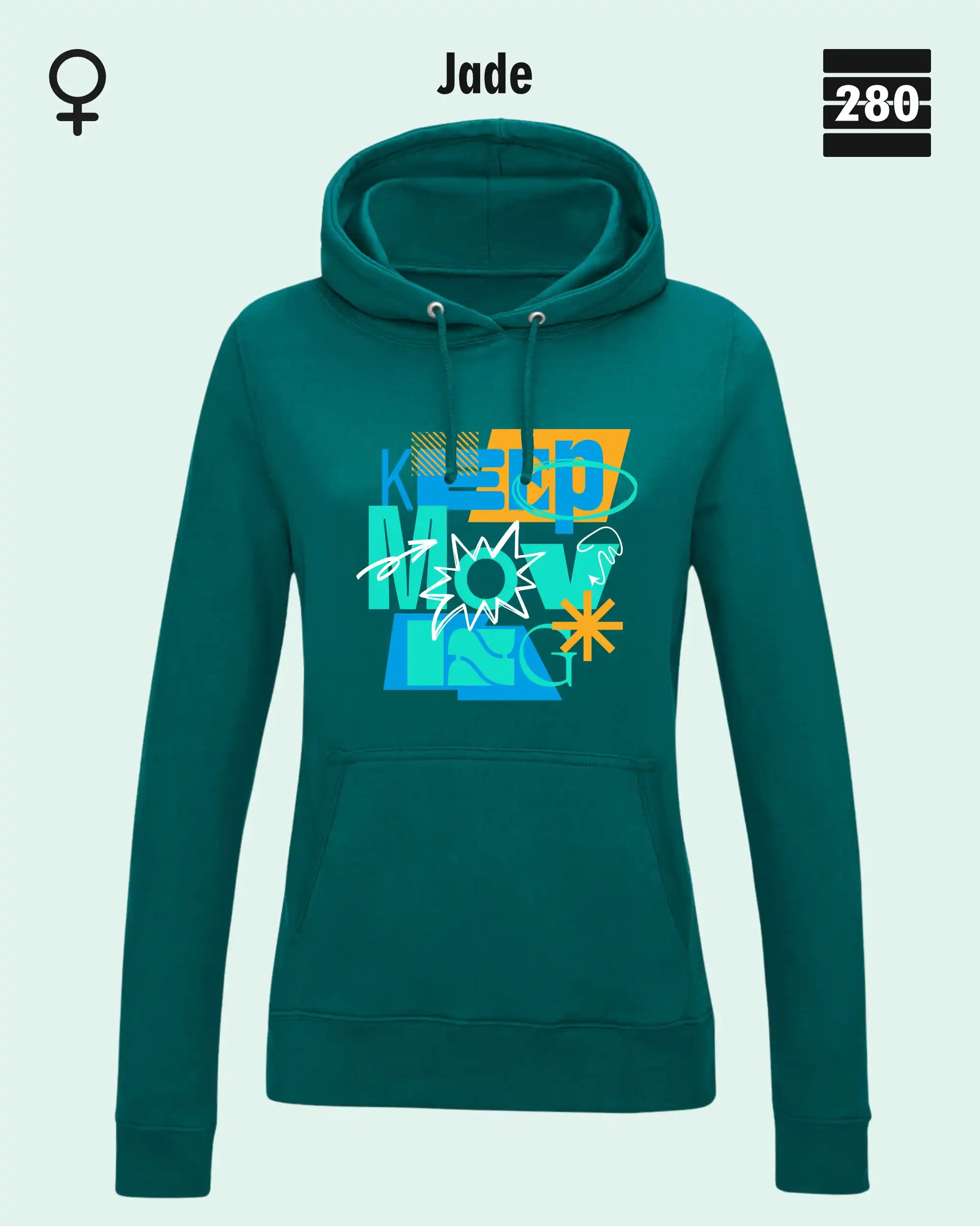 das bild zeigt deleicht taillierten damen design hoodie jh001F von just hoods in der farbe jade und mit dem motiv keep moving.