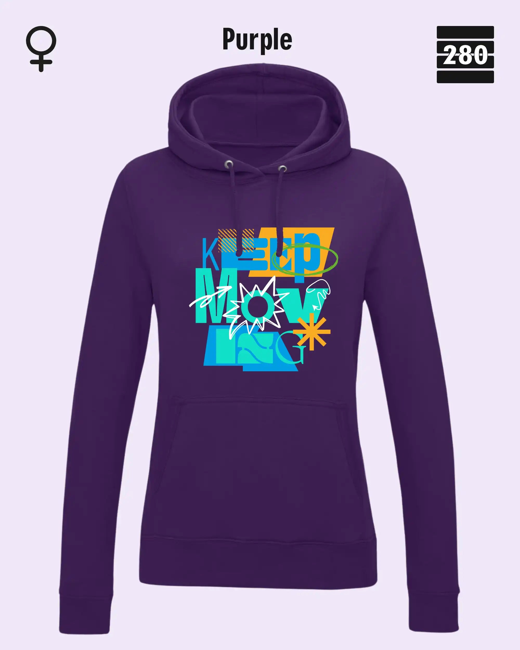 das bild zeigt deleicht taillierten damen design hoodie jh001F von just hoods in der farbe purple und mit dem motiv keep moving.