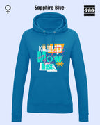 das bild zeigt deleicht taillierten damen design hoodie jh001F von just hoods in der farbe sapphire blue und mit dem motiv keep moving.
