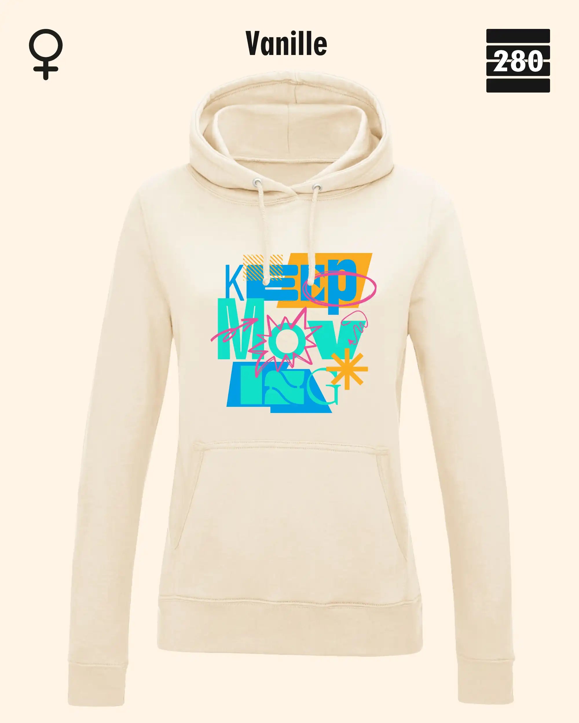 das bild zeigt deleicht taillierten damen design hoodie jh001F von just hoods in der farbe vanille und mit dem motiv keep moving.