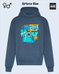 Das Bild zeigt den Heavyweight Design-Hoodie JH120 von just hoods in der farbe airforce blue mit dem statement motiv "keep moving".