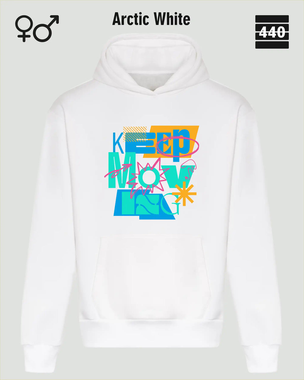 Das Bild zeigt den Heavyweight Design-Hoodie JH120 von just hoods in der farbe arctic white mit dem statement motiv "keep moving".