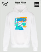 Das Bild zeigt den Heavyweight Design-Hoodie JH120 von just hoods in der farbe arctic white mit dem statement motiv "keep moving".
