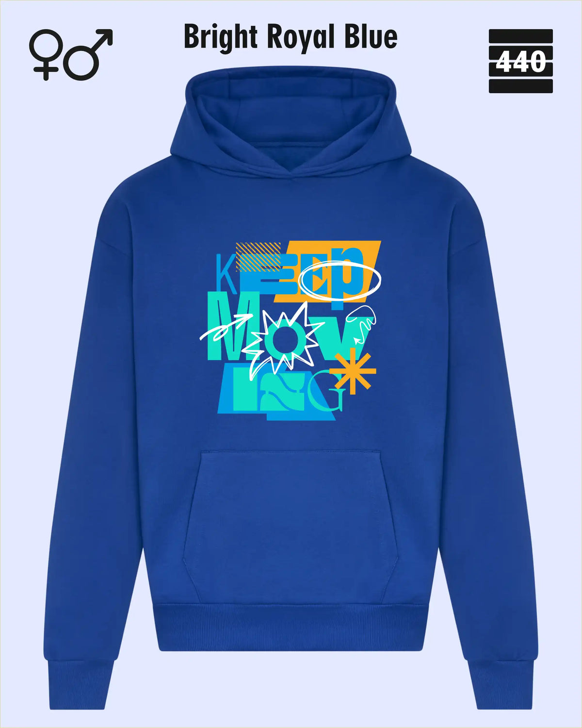 Das Bild zeigt den Heavyweight Design-Hoodie JH120 von just hoods in der farbe bright royal blue mit dem statement motiv "keep moving".