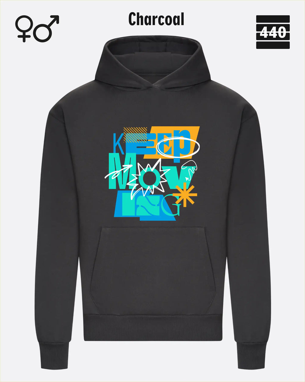 Das Bild zeigt den Heavyweight Design-Hoodie JH120 von just hoods in der farbe charcoal mit dem statement motiv "keep moving".