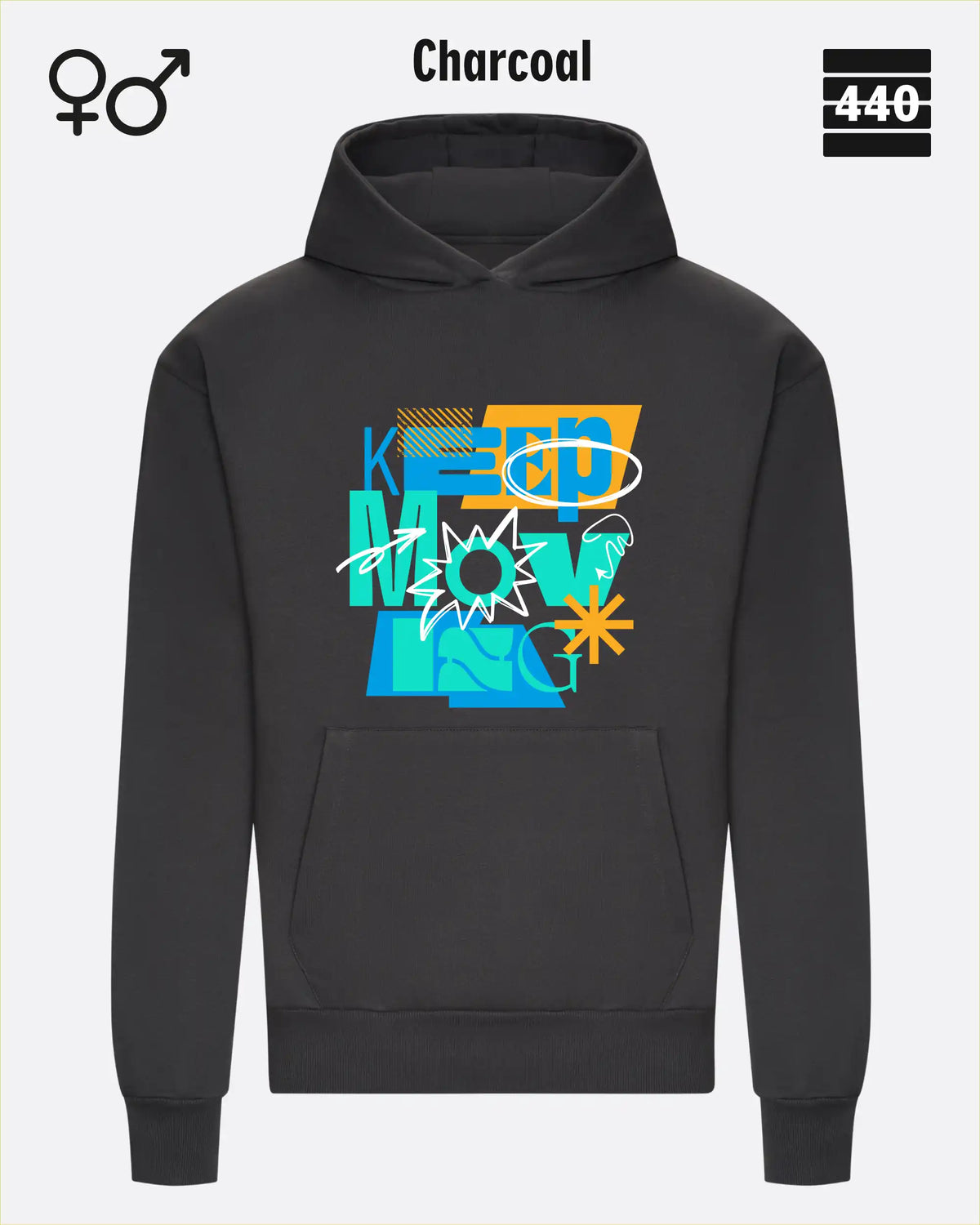 Das Bild zeigt den Heavyweight Design-Hoodie JH120 von just hoods in der farbe charcoal mit dem statement motiv "keep moving".