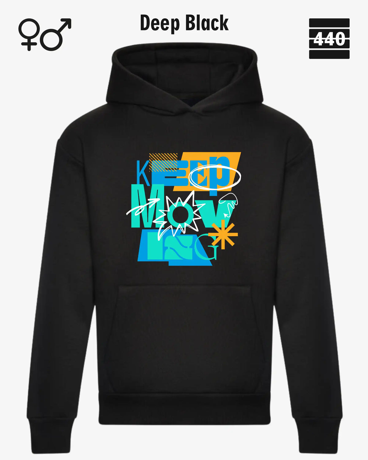 Das Bild zeigt den Heavyweight Design-Hoodie JH120 von just hoods in der farbe deep black mit dem statement motiv "keep moving".