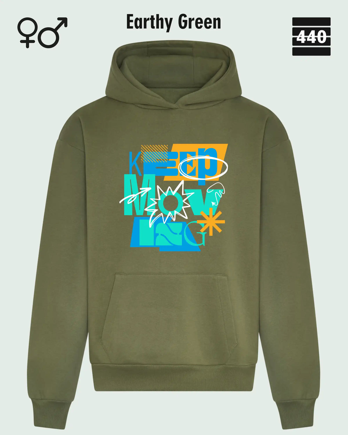 Das Bild zeigt den Heavyweight Design-Hoodie JH120 von just hoods in der farbe earthy green mit dem statement motiv "keep moving".