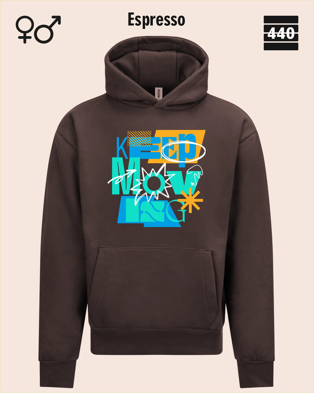 Das Bild zeigt den Heavyweight Design-Hoodie JH120 von just hoods in der farbe espresso mit dem statement motiv "keep moving".