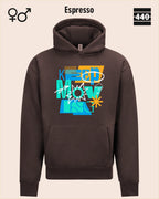 Das Bild zeigt den Heavyweight Design-Hoodie JH120 von just hoods in der farbe espresso mit dem statement motiv "keep moving".