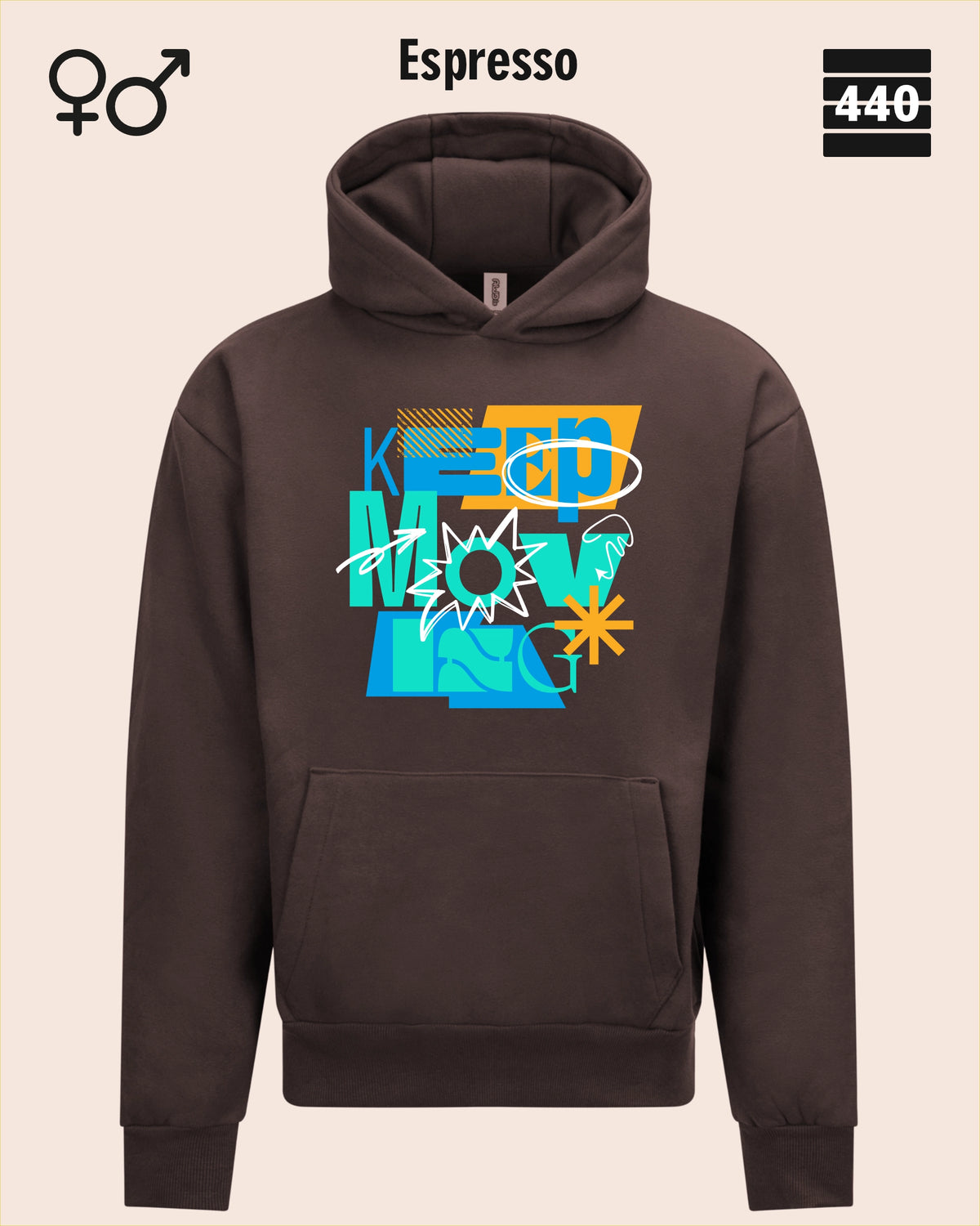 Das Bild zeigt den Heavyweight Design-Hoodie JH120 von just hoods in der farbe espresso mit dem statement motiv "keep moving".