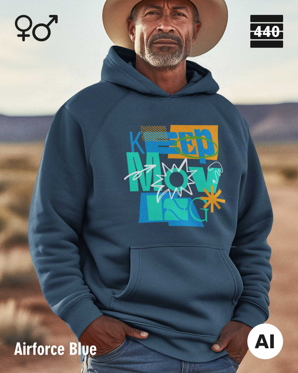 Eine Person trägt einen Heavyweight Design-Hoodie in der farbe airforce blue mit dem statement motiv "keep moving".
