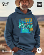 Eine Person trägt einen Heavyweight Design-Hoodie in der farbe airforce blue mit dem statement motiv "keep moving".