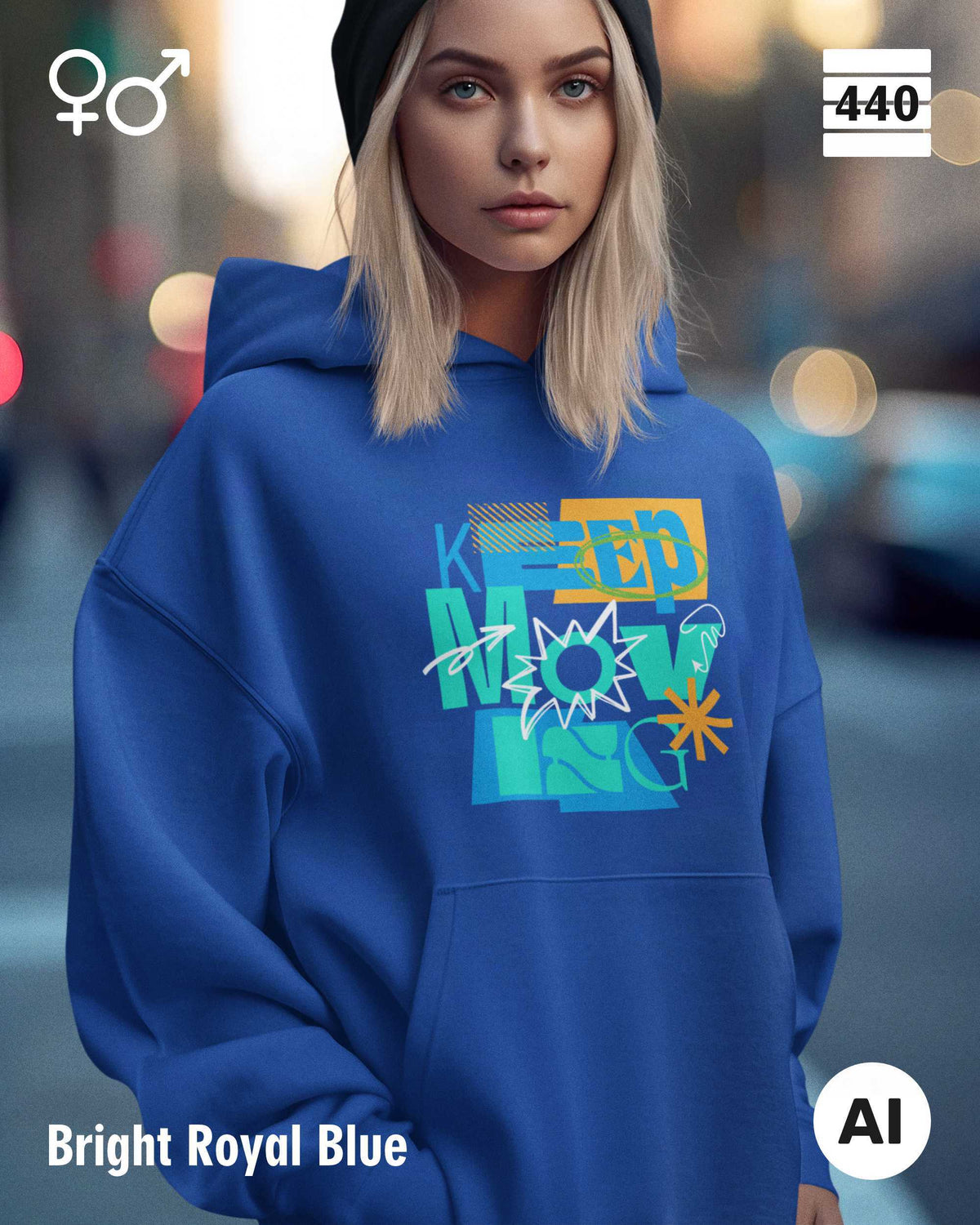 Eine Person trägt einen Heavyweight Design-Hoodie in der farbe bright royal blue mit dem statement motiv "keep moving".