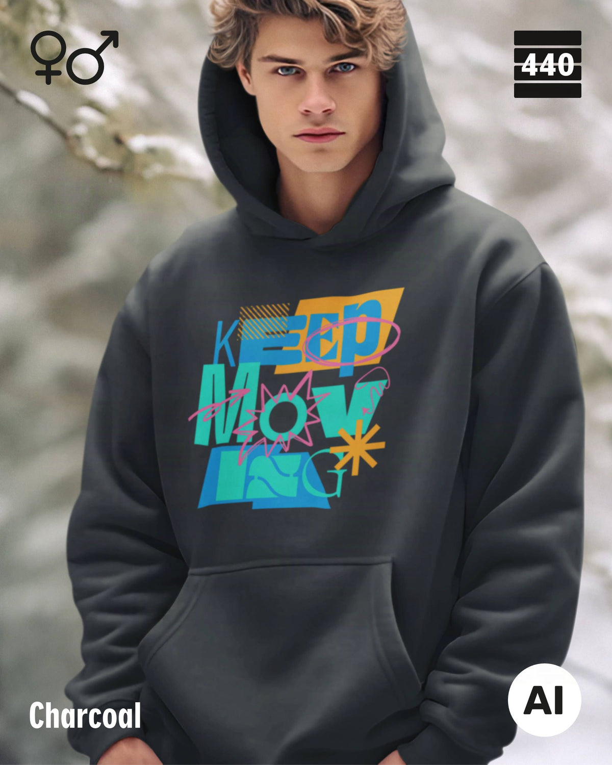 Eine Person trägt einen Heavyweight Design-Hoodie in der farbe charcoal mit dem statement motiv "keep moving".