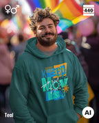 Eine Person trägt einen Heavyweight Design-Hoodie in der farbe teal mit dem statement motiv "keep moving".