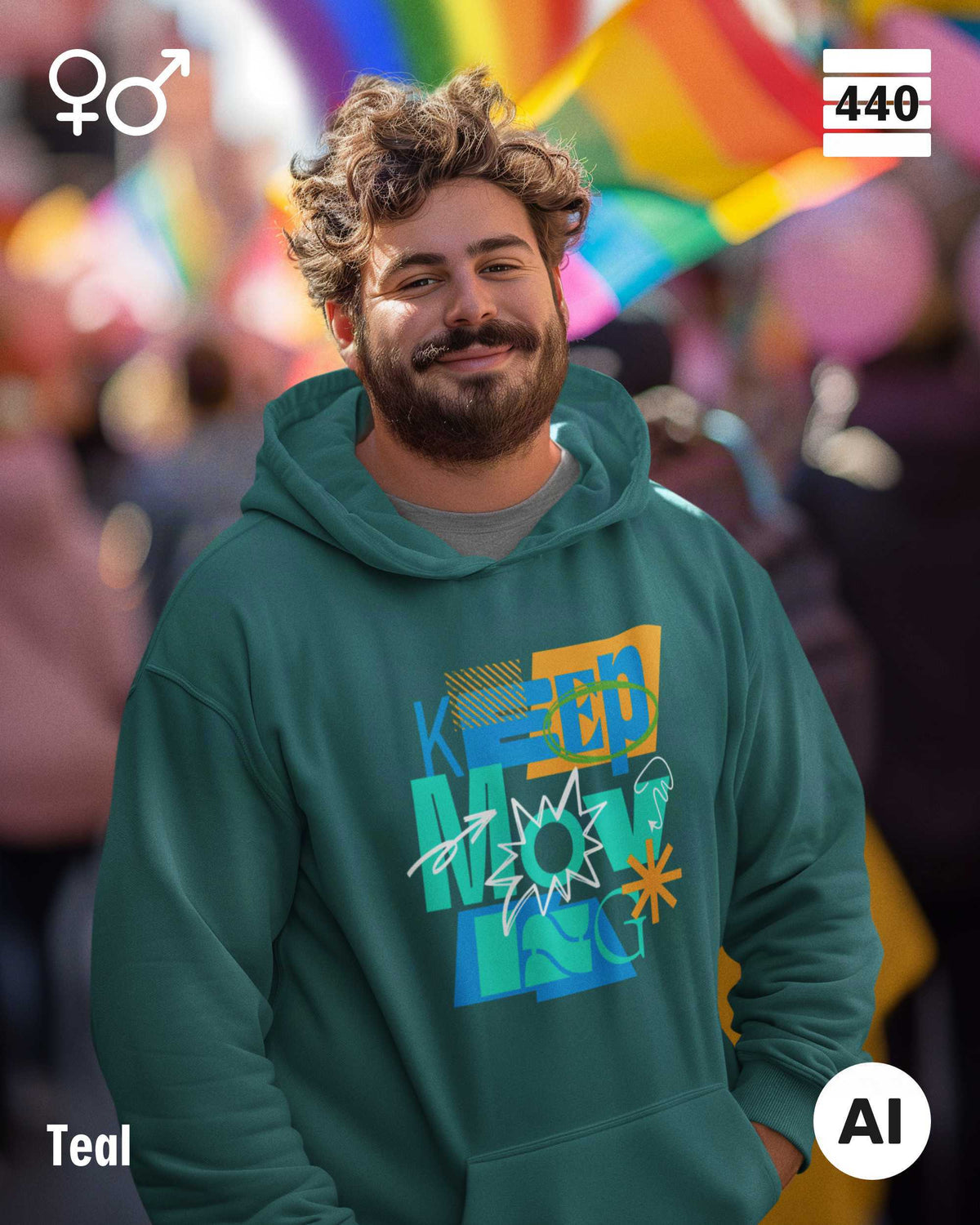 Eine Person trägt einen Heavyweight Design-Hoodie in der farbe teal mit dem statement motiv "keep moving".