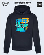 Das Bild zeigt den Heavyweight Design-Hoodie JH120 von just hoods in der farbe new french navy mit dem statement motiv "keep moving".