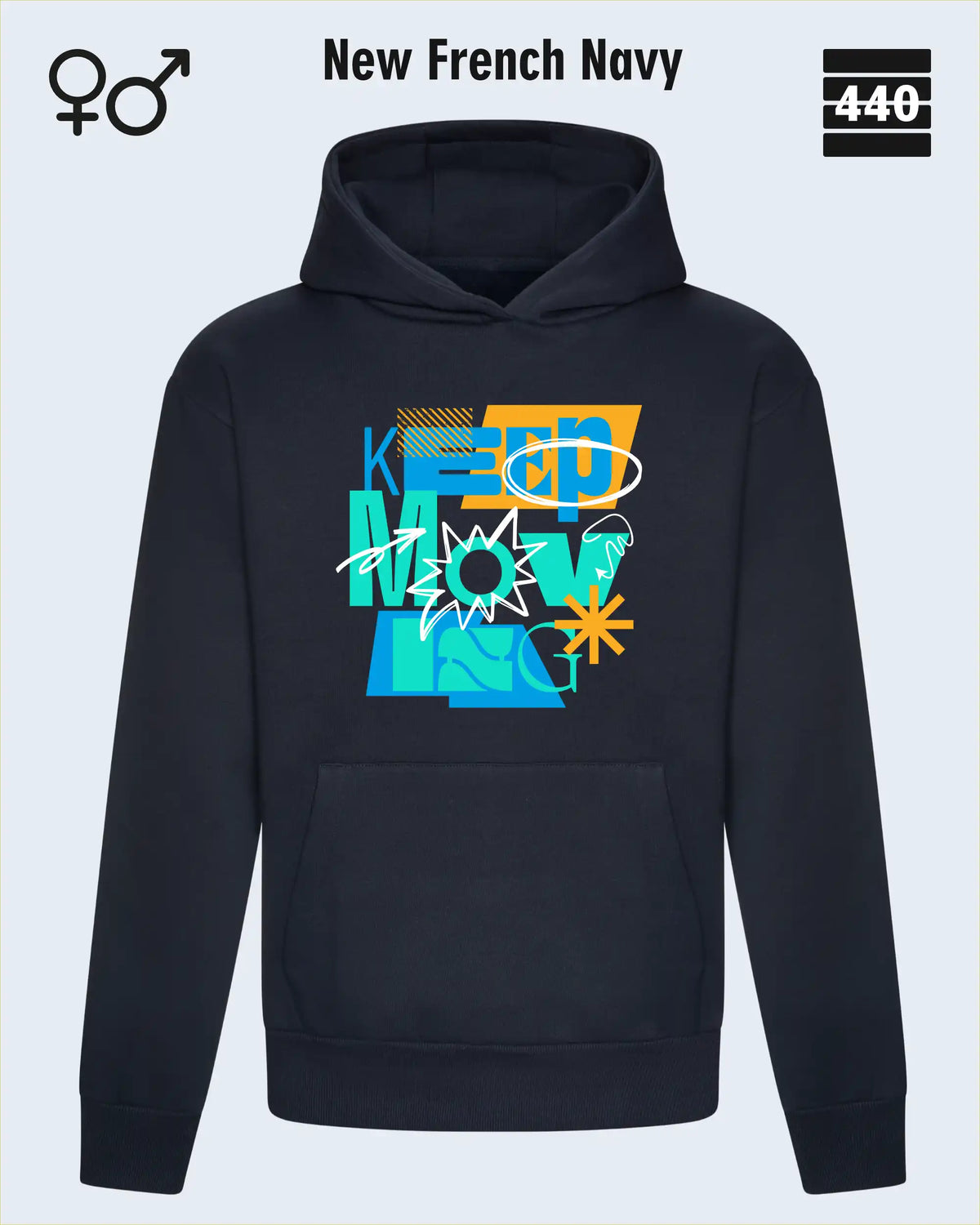 Das Bild zeigt den Heavyweight Design-Hoodie JH120 von just hoods in der farbe new french navy mit dem statement motiv "keep moving".