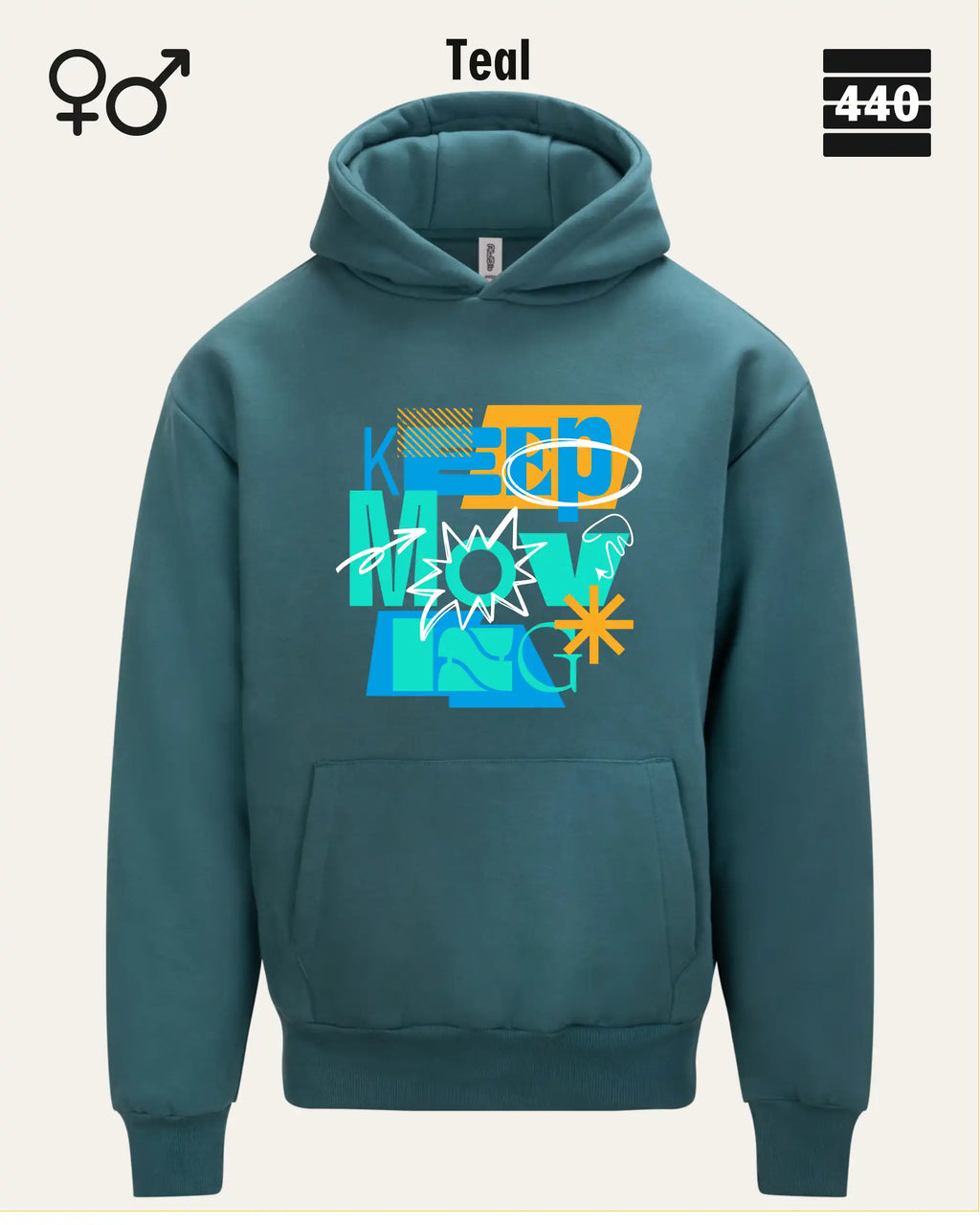 Das Bild zeigt den Heavyweight Design-Hoodie JH120 von just hoods in der farbe teal mit dem statement motiv "keep moving".