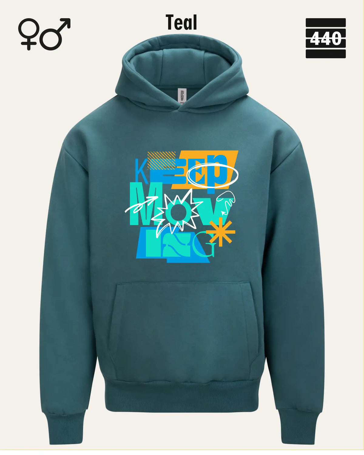 Das Bild zeigt den Heavyweight Design-Hoodie JH120 von just hoods in der farbe teal mit dem statement motiv "keep moving".