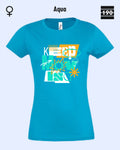 das bild zeigt ein damen t-shirt in aqua mit dem design keep moving.