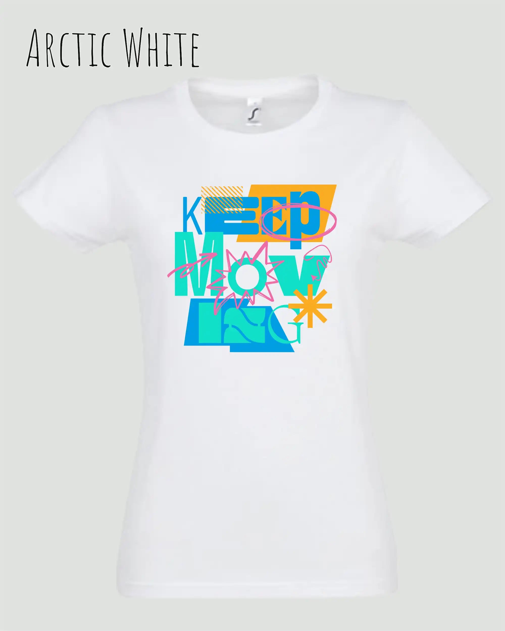 die Abbildung zeigt das design-t-shirt SOL’S Imperial Women 11502 in der farbe arctic white mit dem motivierendem Motiv "keep moving"