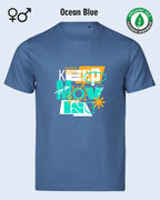 das bild zeigt ein t-shirt aus bio-baumwolle in der farbe ocean blue mit dem design keep moving