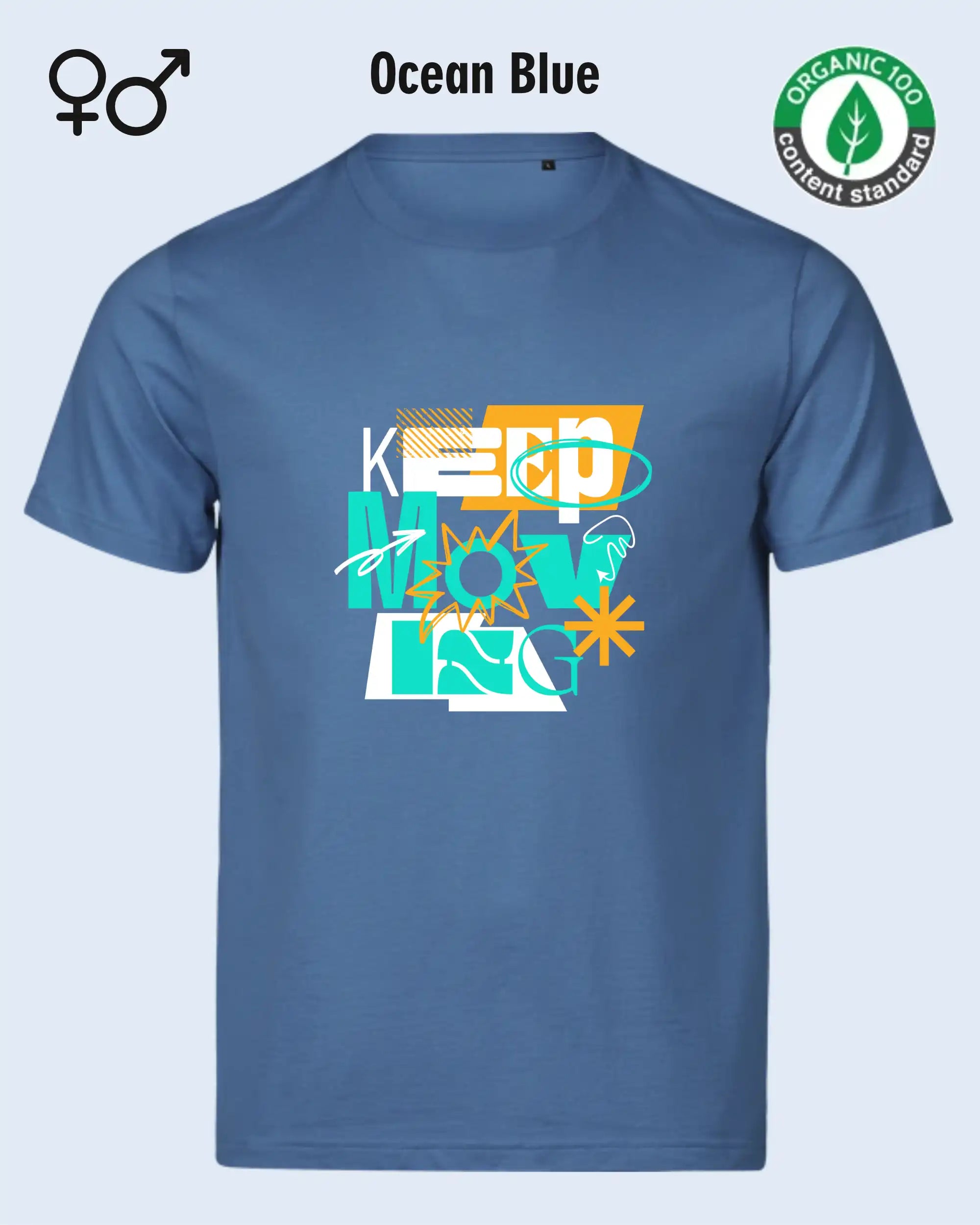 das bild zeigt ein t-shirt aus bio-baumwolle in der farbe ocean blue mit dem design keep moving