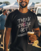 Ein Mann trägt das Baumwolle Unisex T-Shirt AWDis 150 T in der Farbe New French Navy mit dem STATEMENT Design THINK SPEAK ACT   