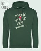 das bild zeigt den unisex basic hoodie aus weicher baumwollmischung in der farbe bottle green mit statement design think speak act