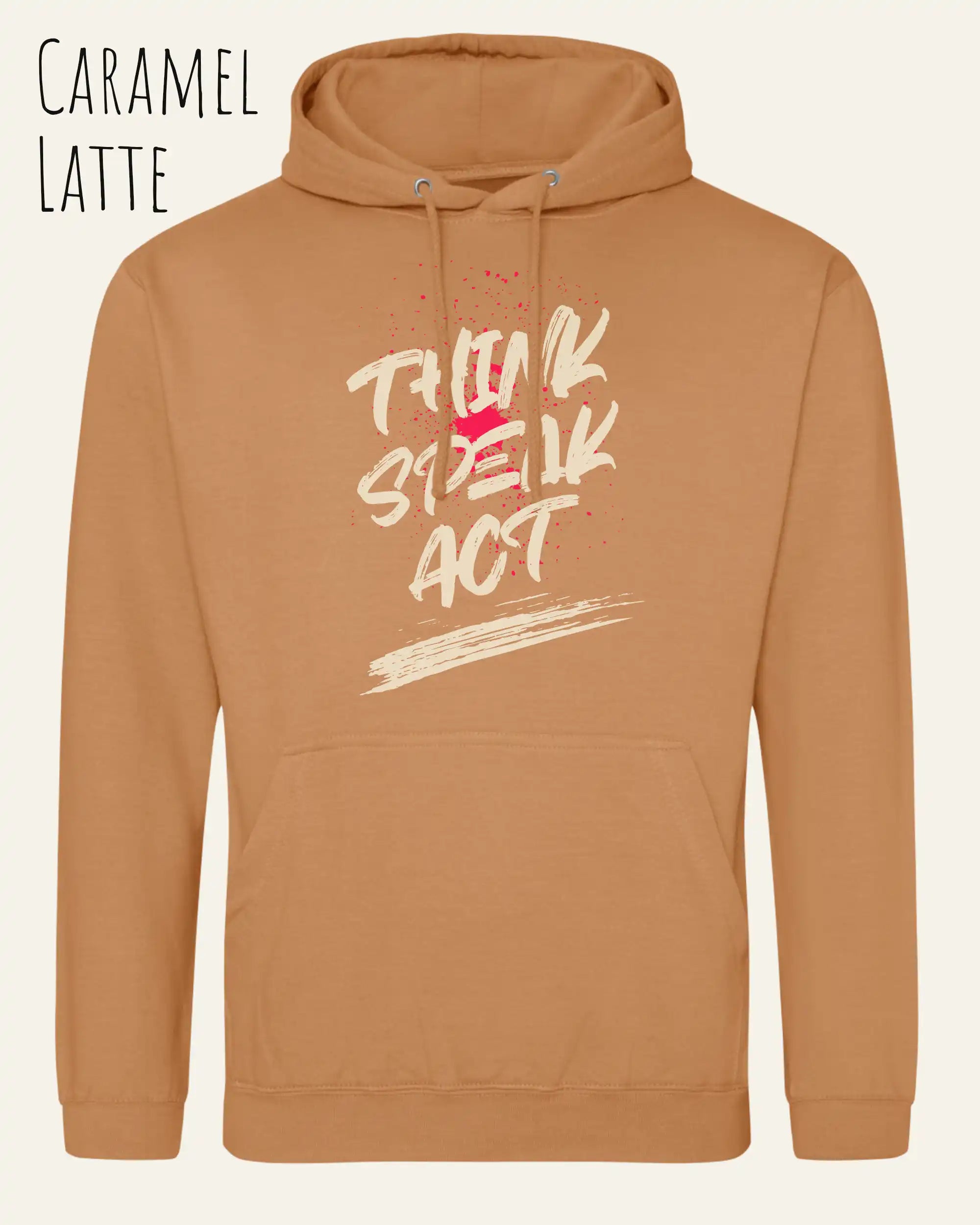 das bild zeigt den unisex basic hoodie aus weicher baumwollmischung in der farbe caramel latte mit statement design think speak act
