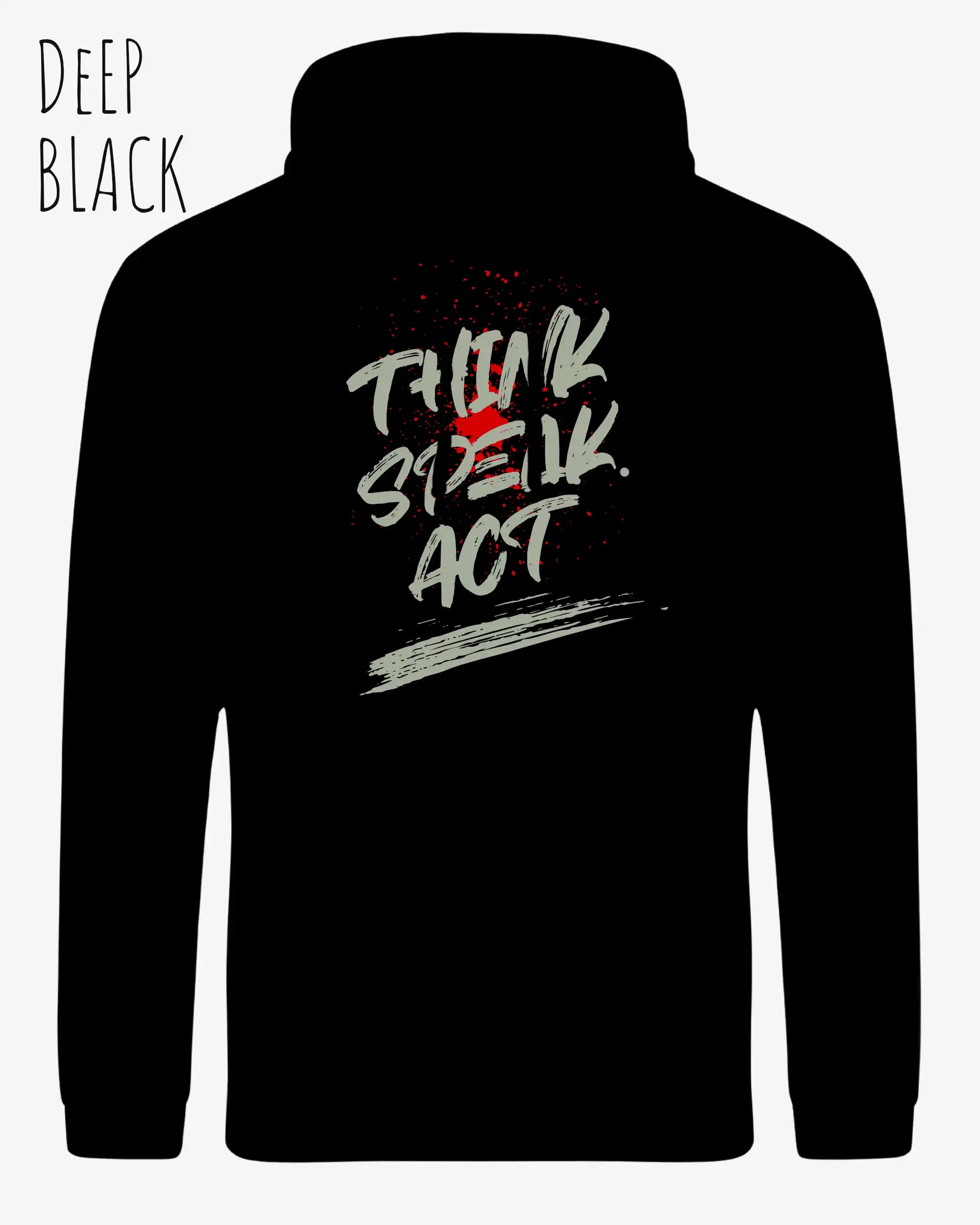 das bild zeigt den unisex basic hoodie aus weicher baumwollmischung in der farbe deep black mit statement design think speak act