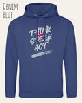 das bild zeigt den unisex basic hoodie aus weicher baumwollmischung in der farbe denim blue mit statement design think speak act