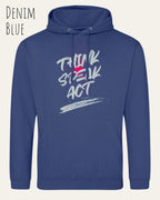 das bild zeigt den unisex basic hoodie aus weicher baumwollmischung in der farbe denim blue mit statement design think speak act