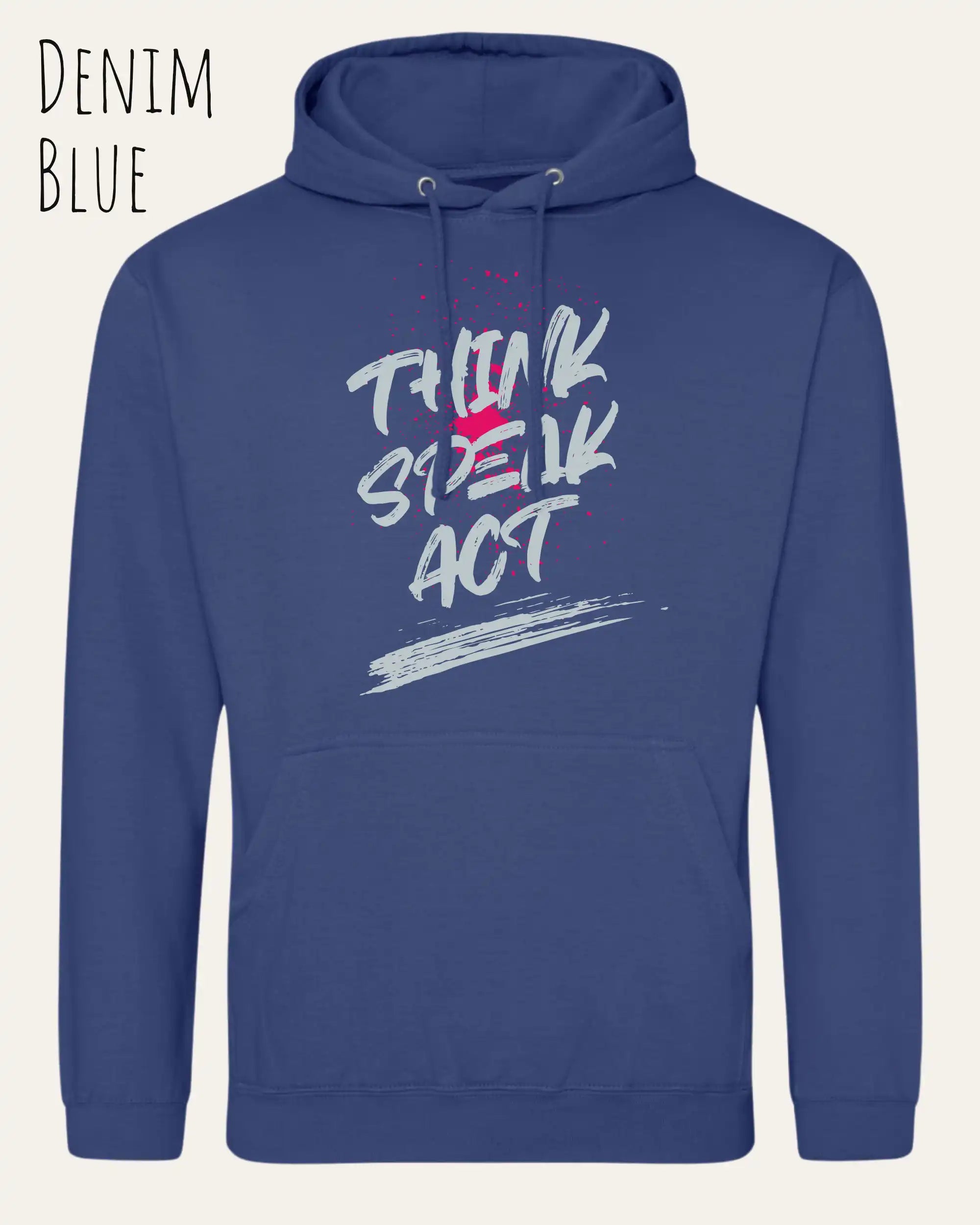 das bild zeigt den unisex basic hoodie aus weicher baumwollmischung in der farbe denim blue mit statement design think speak act