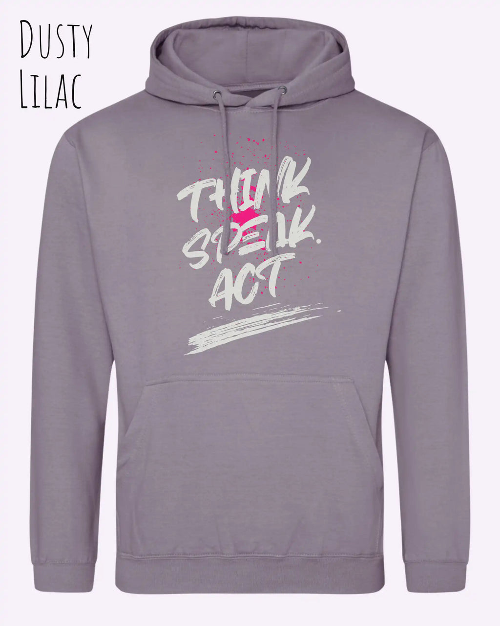 das bild zeigt den unisex basic hoodie aus weicher baumwollmischung in der farbe dusty lilac mit statement design think speak act