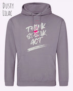 das bild zeigt den unisex basic hoodie aus weicher baumwollmischung in der farbe dusty lilac mit statement design think speak act