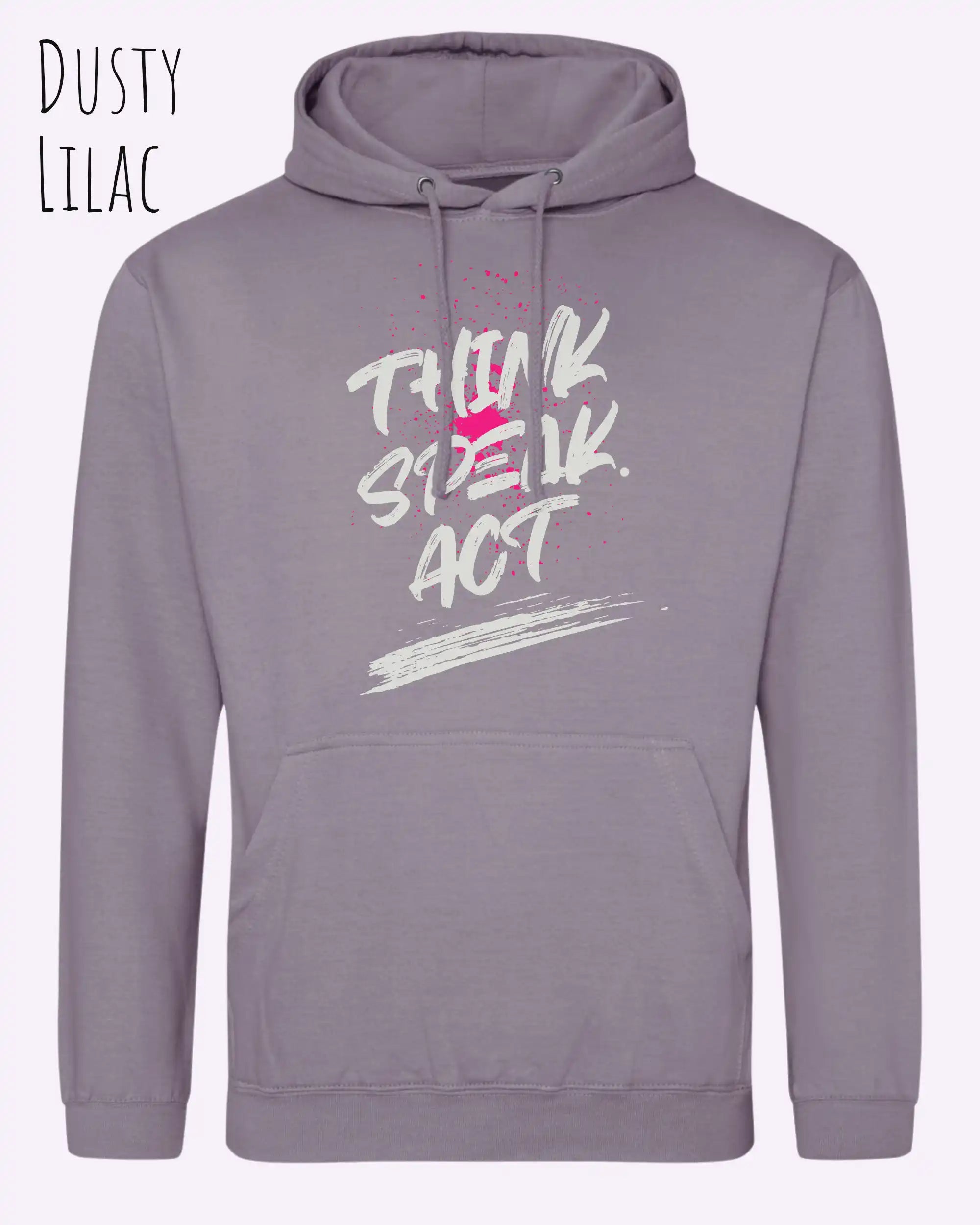 das bild zeigt den unisex basic hoodie aus weicher baumwollmischung in der farbe dusty lilac mit statement design think speak act