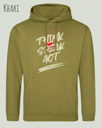 das bild zeigt den unisex basic hoodie aus weicher baumwollmischung in der farbe khaki mit statement design think speak act