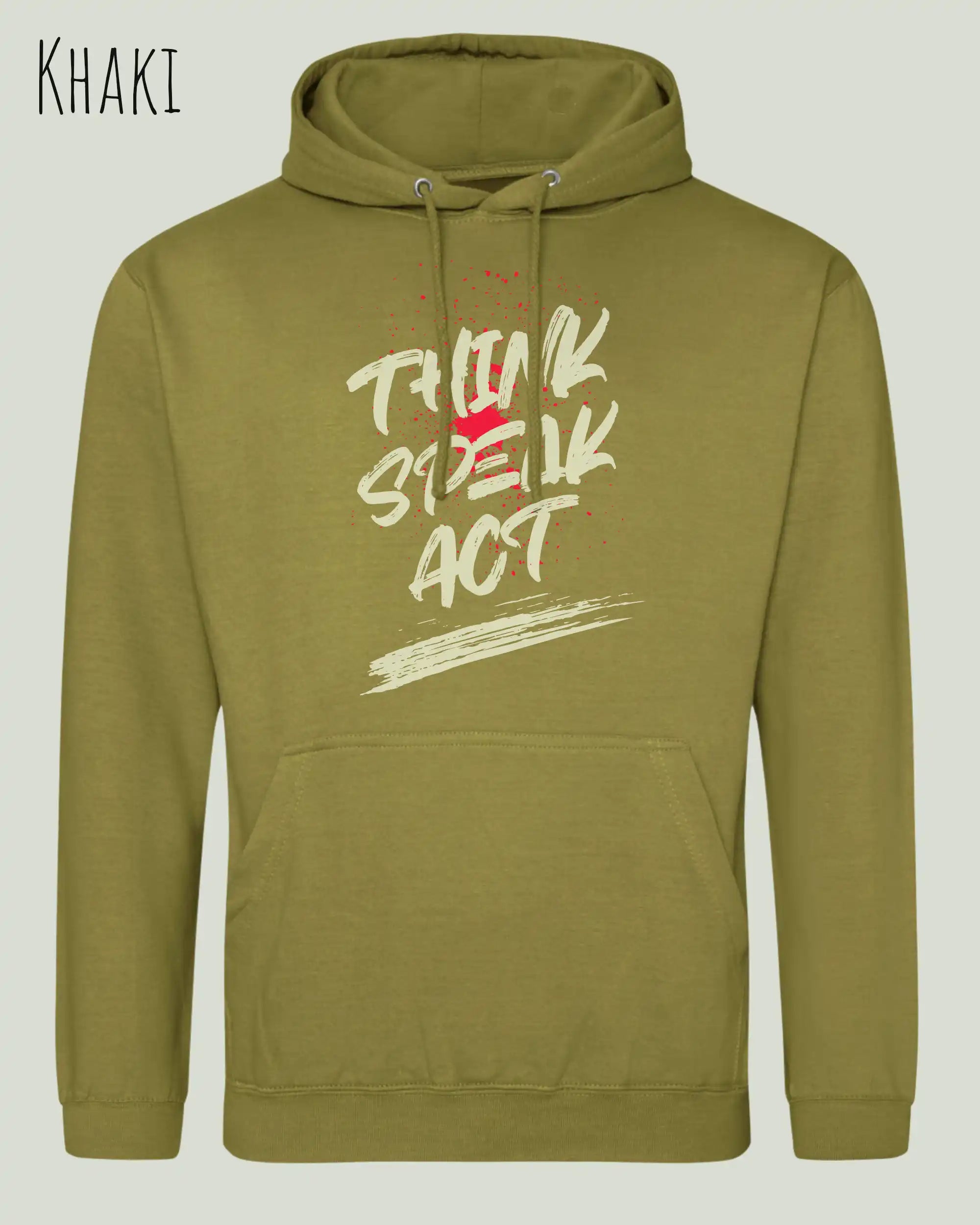das bild zeigt den unisex basic hoodie aus weicher baumwollmischung in der farbe khaki mit statement design think speak act