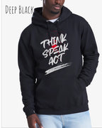 Ein Mann trägt den unisex basic hoodie JH001 von awdis in der Farbe deep black mit dem STATEMENT Design THINK SPEAK ACT   