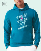 Ein Mann trägt den unisex basic hoodie JH001 von awdis in der Farbe jade mit dem STATEMENT Design THINK SPEAK ACT   