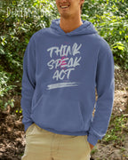 Ein Mann trägt den unisex basic hoodie JH001 von awdis in der Farbe denim blue mit dem STATEMENT Design THINK SPEAK ACT  