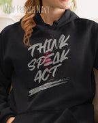 Eine Frau trägt den unisex basic hoodie JH001 von awdis in der Farbe new french navy mit dem STATEMENT Design THINK SPEAK ACT     